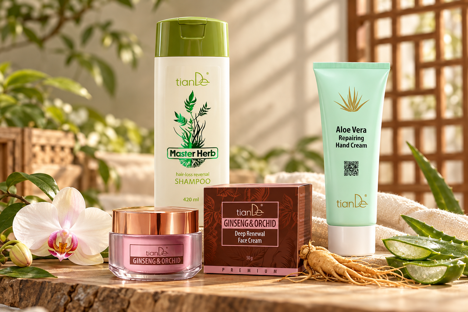 Skutečné produkty tianDe: šampon Master Herb, krém Ženšen a orchidej a krém na ruce Aloe Vera v botanickém zátiší