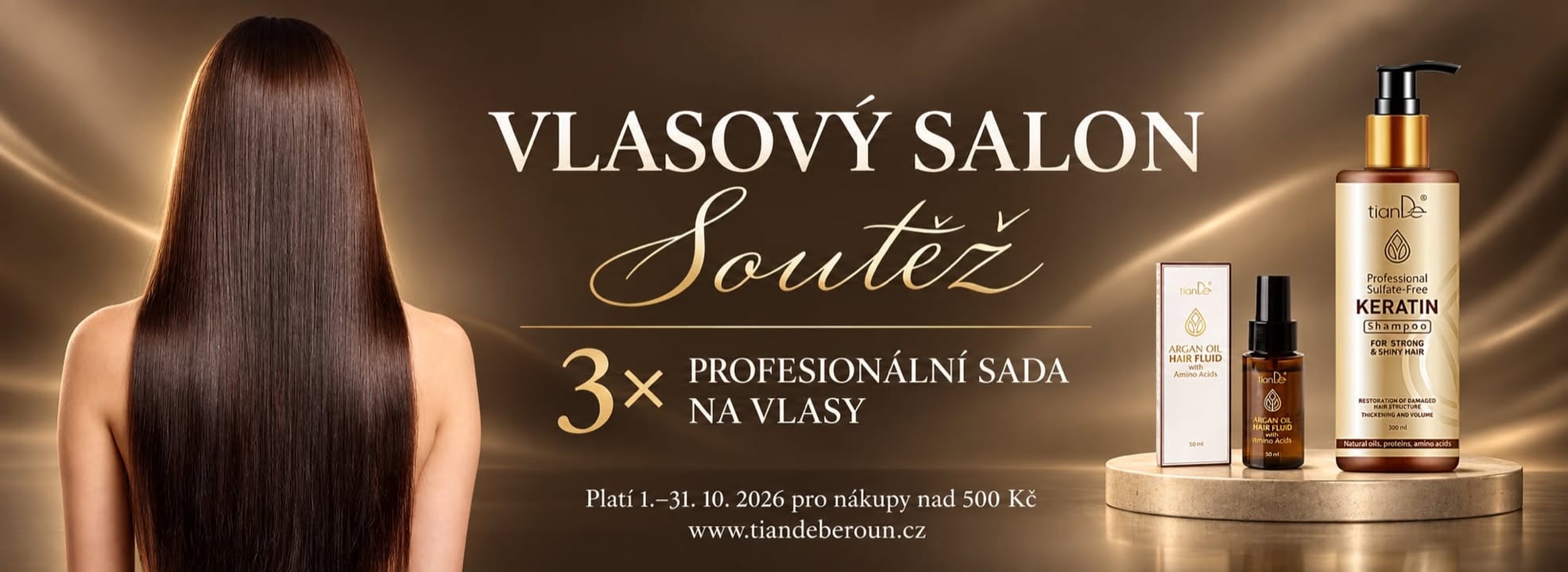 Vlasový salon — říjnová soutěž o tři profesionální vlasové sady tianDe. 1.–31. října 2026, nákupy nad 500 Kč.